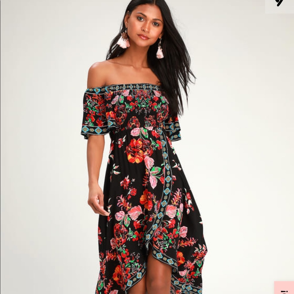 NWT LULUS Black Floral Print Smocked High-Low Maxi